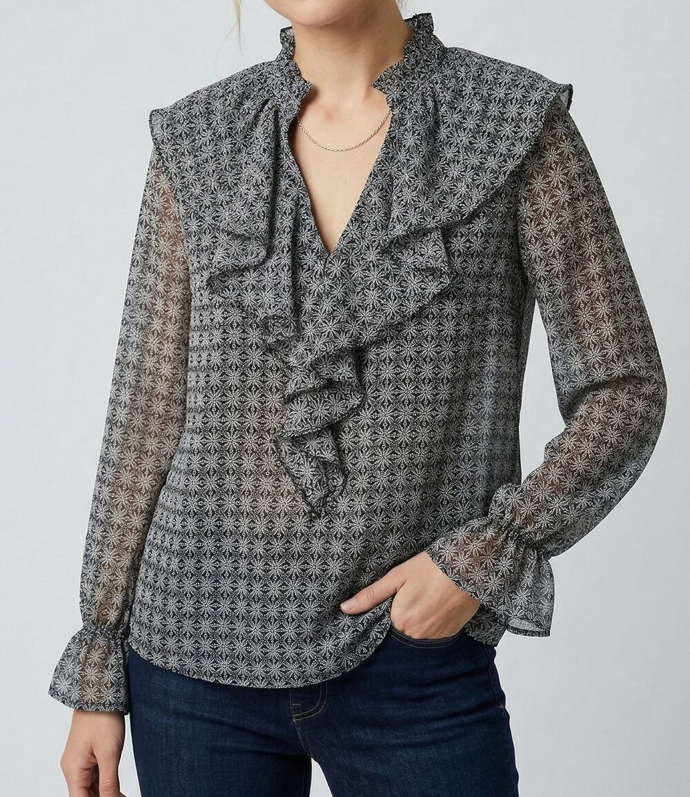 LOFT Petites Small Petites SP Sheer Gray Pattern Blouse Ruffle Neckline Sleeves